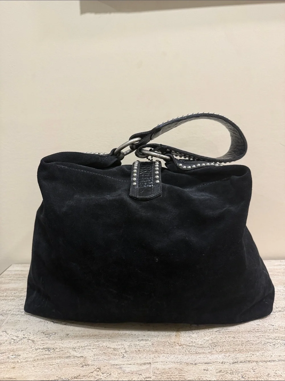 Leatherock Black Suede Hobo with Turquoise Jewel Medallion
